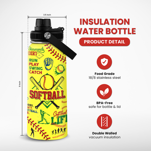 Softball Gift Water Bottle With Lid, 32oz Insulated Stainless Steel Sport Bottles - Gift for Softball Players Fan Coach