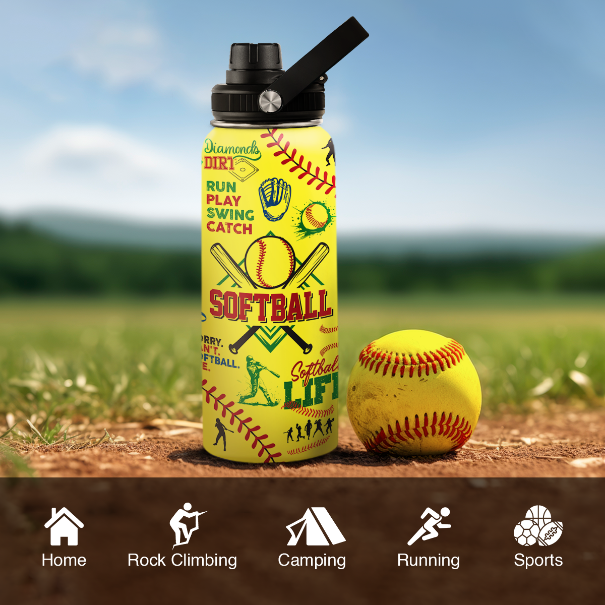 Yellow Softball Chug Lid Water Bottle 32oz