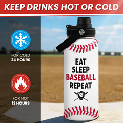 Baseball Water Bottle 32 Oz - Insulated Stainless Steel Sport Bottles with Lid - Baseball Gift for Men Players Fan Coach