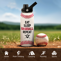 Baseball Water Bottle 32 Oz - Insulated Stainless Steel Sport Bottles with Lid - Baseball Gift for Men Players Fan Coach