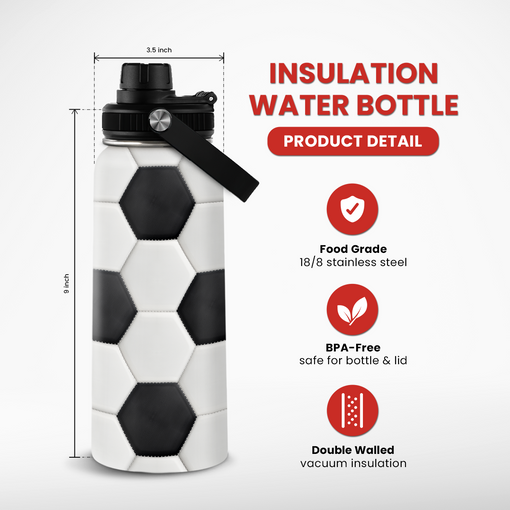 Soccer Water Bottle with Lid - 32oz Insulated Stainless Steel Sport Bottles - Gift for Men Soccer Player Fan Coach