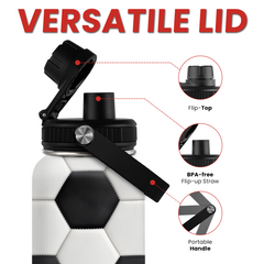 Soccer Water Bottle with Lid 32oz Insulated Stainless Steel Sport Bottles - Gift for Men Soccer Player Fan Coach