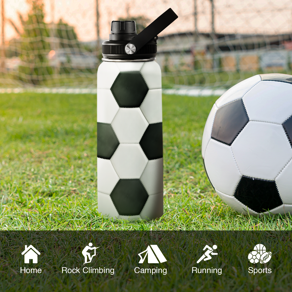Soccer Water Bottle with Lid 32oz Insulated Stainless Steel Sport Bottles - Gift for Men Soccer Player Fan Coach