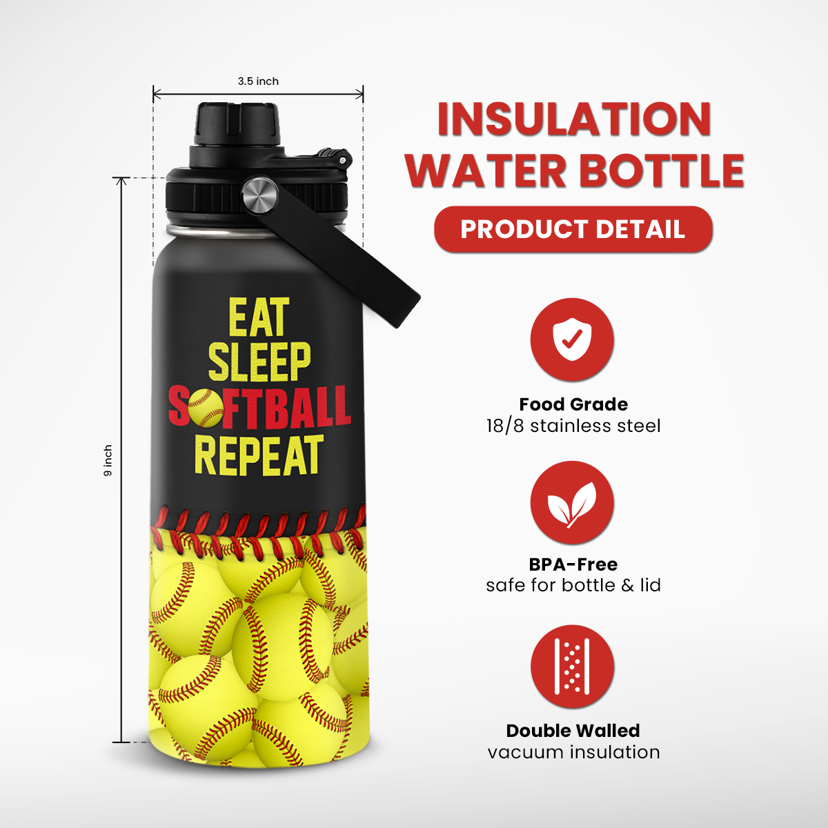 Yellow Softball Chug Lid Water Bottle 32oz