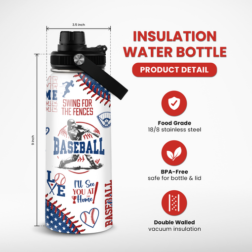 Baseball Water Bottle - 32oz Stainless Steel Insulated Sport Bottles with Lid - Gift for Men Baseball Lover Player Fan Coach