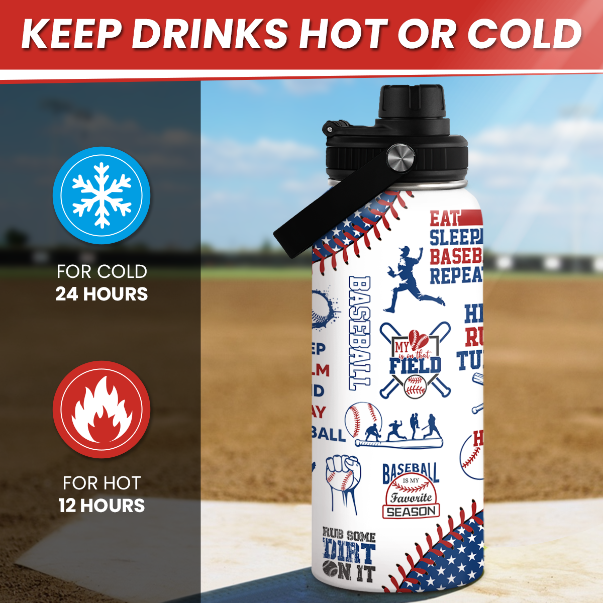 Baseball Water Bottle - 32oz Stainless Steel Insulated Sport Bottles with Lid - Gift for Men Baseball Lover Player Fan Coach
