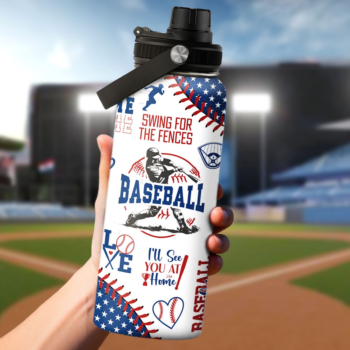Baseball Water Bottle - 32oz Stainless Steel Insulated Sport Bottles with Lid - Gift for Men Baseball Lover Player Fan Coach