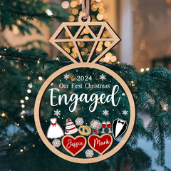 Personalized Couple First Christmas Ornament - Customized Names 5 Layered Wooden Ornament, Engaged Newlywed Ornaments, Bridal Shower Gift for Couples