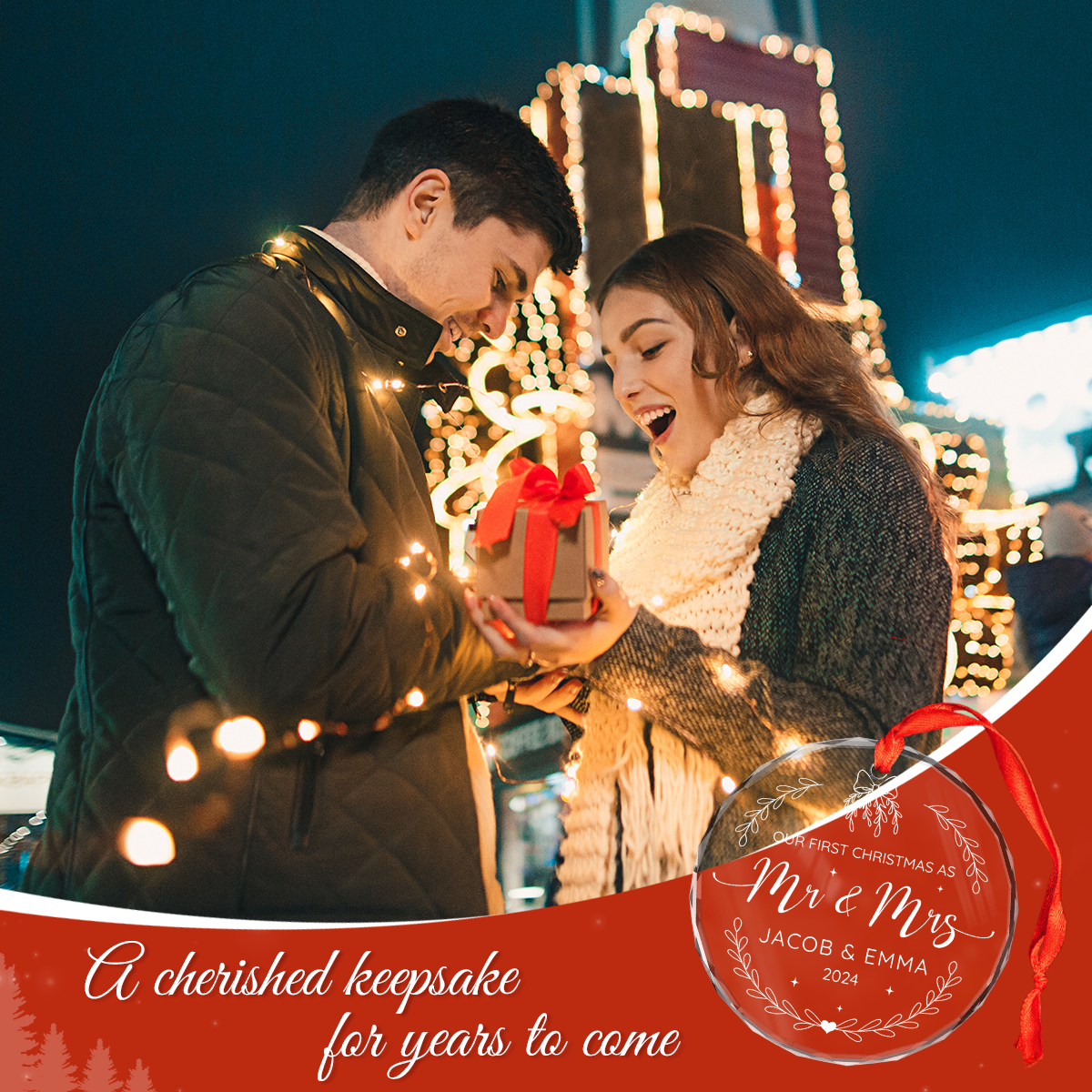 Personalized First Christmas Married Ornament - Newlywed Gifts, Glass Ornament for Couple, Christmas Tree Decoration