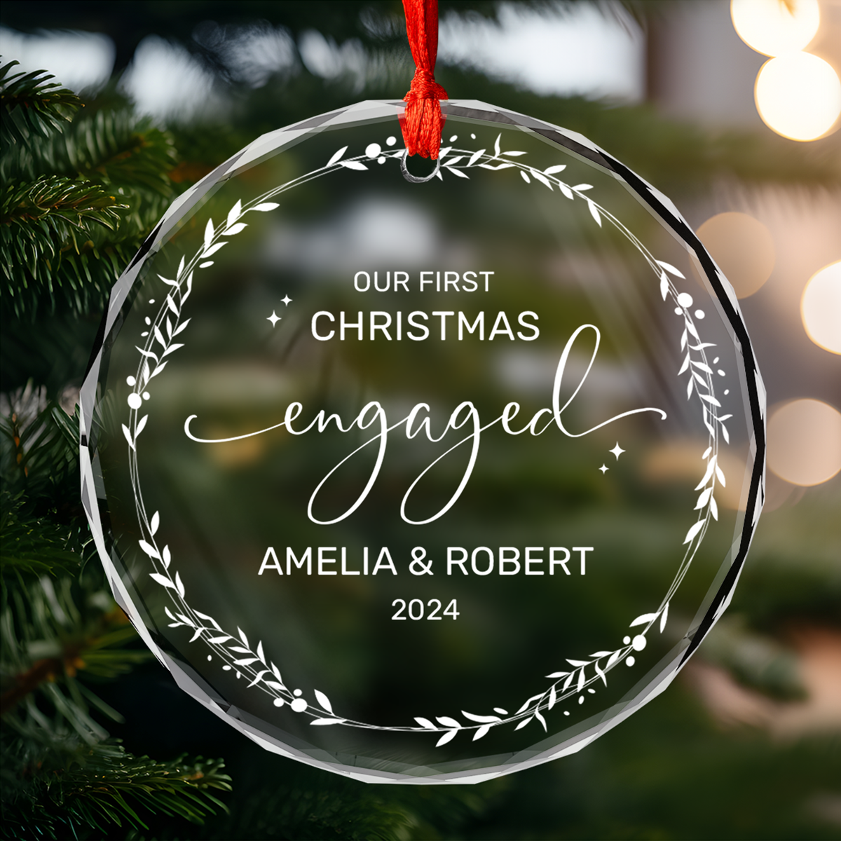 Personalized Engagement Gifts for Couple - First Christmas Engaged Crystal Glass Ornament, Custom Keepsake Christmas Decoration
