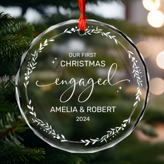 Personalized Engagement Gifts for Couple - First Christmas Engaged Crystal Glass Ornament, Custom Keepsake Christmas Decoration