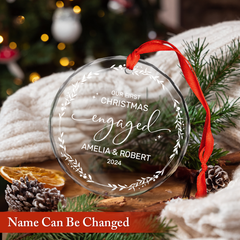 Personalized Engagement Gifts for Couple - First Christmas Engaged Crystal Glass Ornament, Custom Keepsake Christmas Decoration