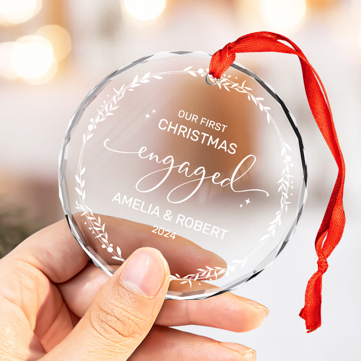 Personalized Engagement Gifts for Couple - First Christmas Engaged Crystal Glass Ornament, Custom Keepsake Christmas Decoration