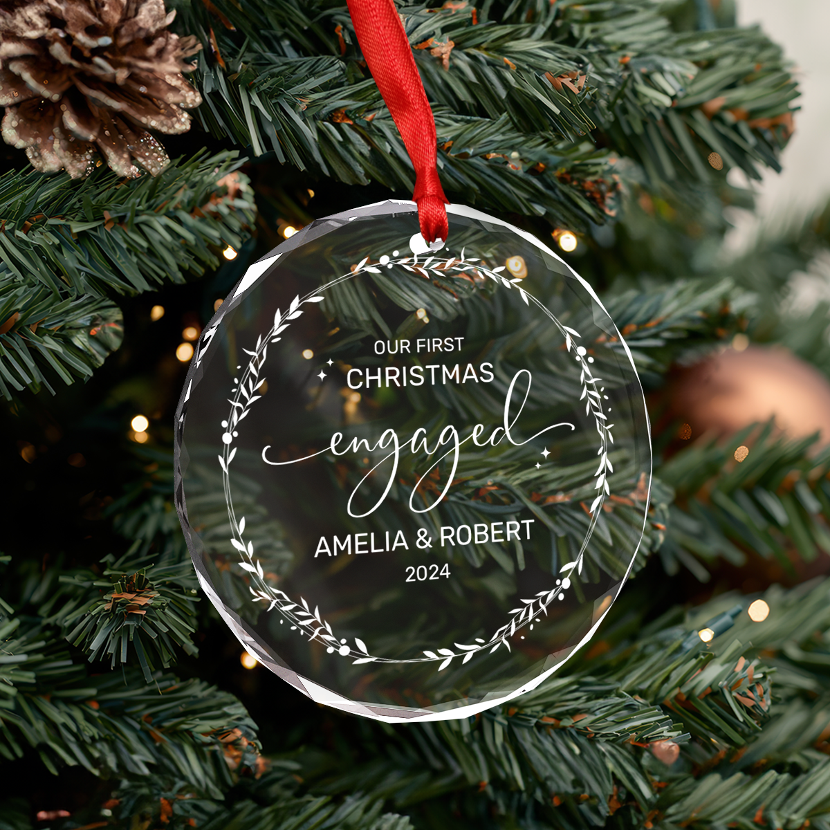 Personalized Engagement Gifts for Couple - First Christmas Engaged Crystal Glass Ornament, Custom Keepsake Christmas Decoration