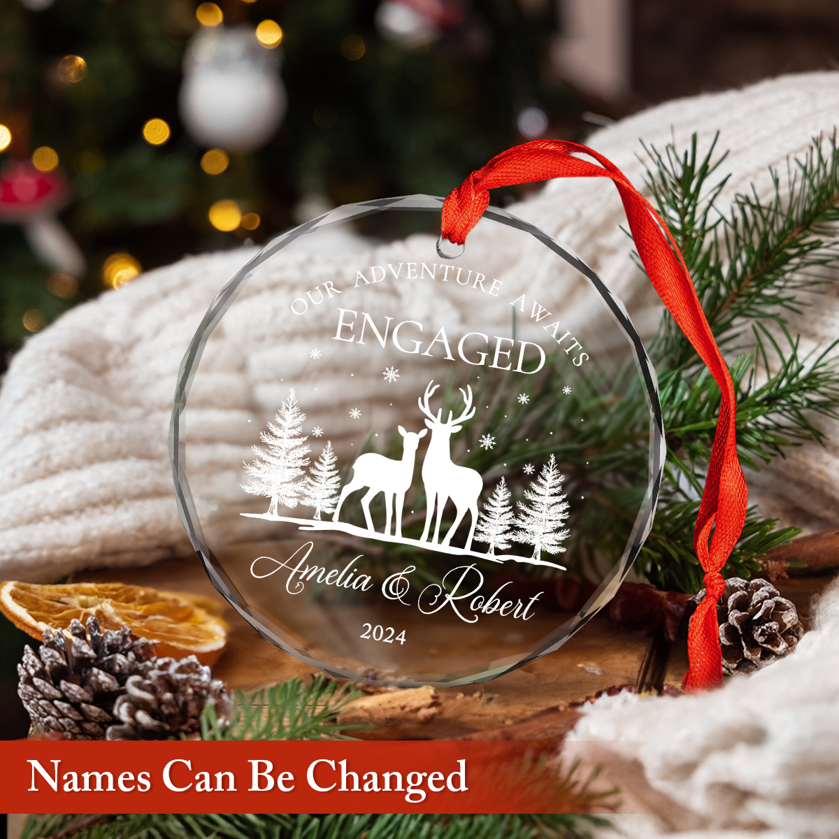 Personalized Engagement Gifts for Couple - First Christmas Engaged Crystal Glass Ornament, Christmas Decoration