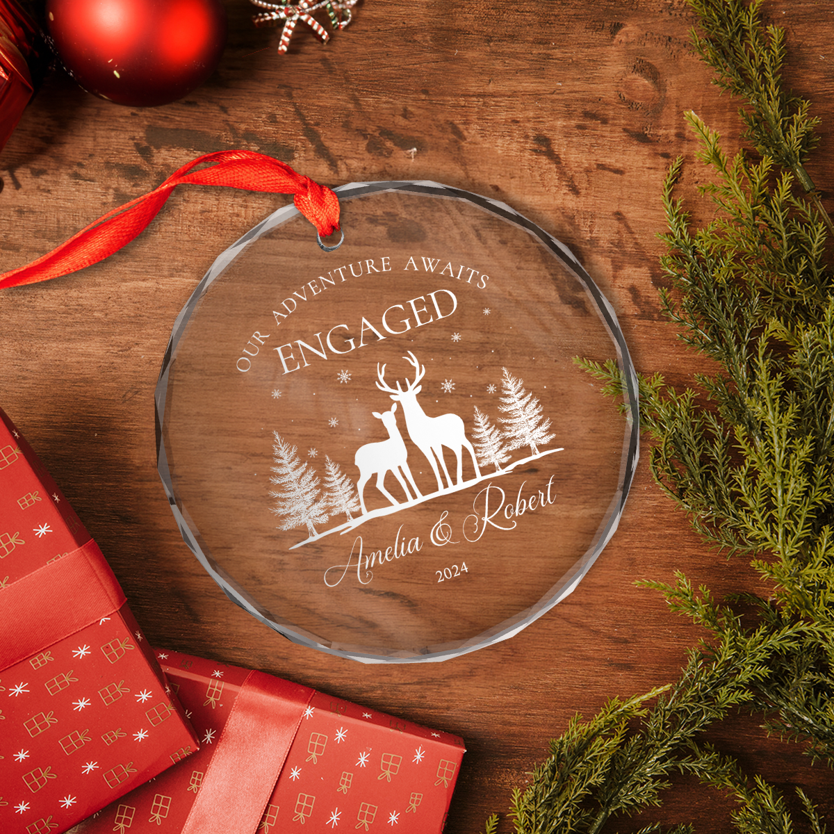 Personalized Engagement Gifts for Couple - First Christmas Engaged Crystal Glass Ornament, Christmas Decoration