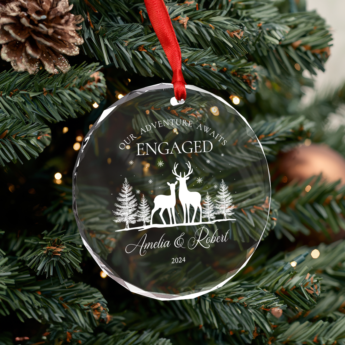 Personalized Engagement Gifts for Couple - First Christmas Engaged Crystal Glass Ornament, Christmas Decoration