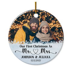 Personalized First Christmas as Mr and Mrs Ornament with Photo Picture Customized Ceramic Christmas Ornaments Marriage Wedding Keepsakes Gifts for Couple Wife Husband Xmas Tree Decor