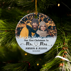 Personalized First Christmas as Mr and Mrs Ornament with Photo Picture Customized Ceramic Christmas Ornaments Marriage Wedding Keepsakes Gifts for Couple Wife Husband Xmas Tree Decor