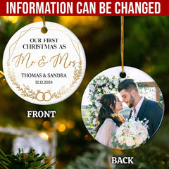 Personalized First Christmas Mr and Mrs Ornament Custom Photo Picture Couple Ceramic Double Sided Ornaments Wedding Marriage Keepsake Gifts for Newlywed Couple Christmas Tree Decorations