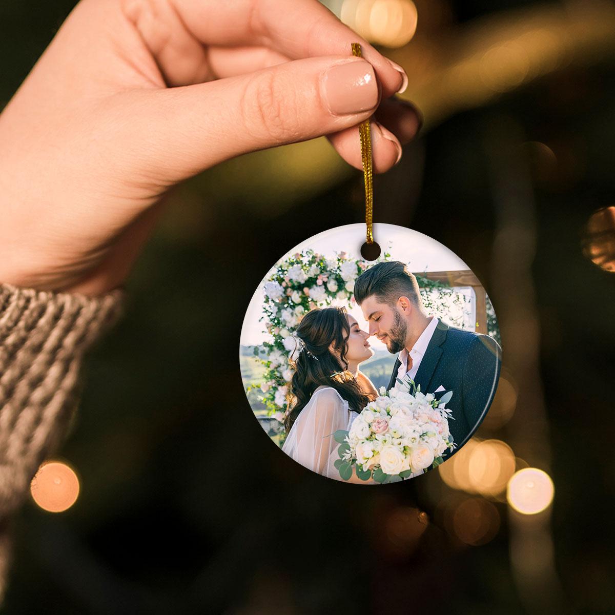 Personalized First Christmas Mr and Mrs Ornament Custom Photo Picture Couple Ceramic Double Sided Ornaments Wedding Marriage Keepsake Gifts for Newlywed Couple Christmas Tree Decorations