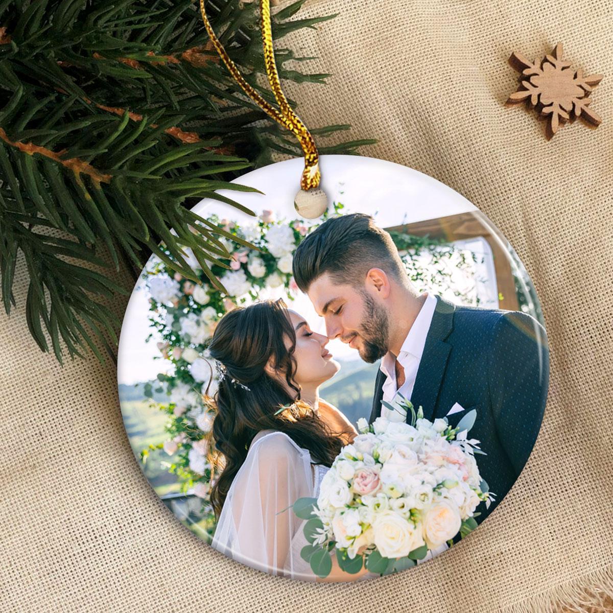 Personalized First Christmas Mr and Mrs Ornament Custom Photo Picture Couple Ceramic Double Sided Ornaments Wedding Marriage Keepsake Gifts for Newlywed Couple Christmas Tree Decorations