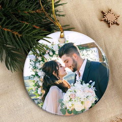 Personalized First Christmas Mr and Mrs Ornament Custom Photo Picture Couple Ceramic Double Sided Ornaments Wedding Marriage Keepsake Gifts for Newlywed Couple Christmas Tree Decorations