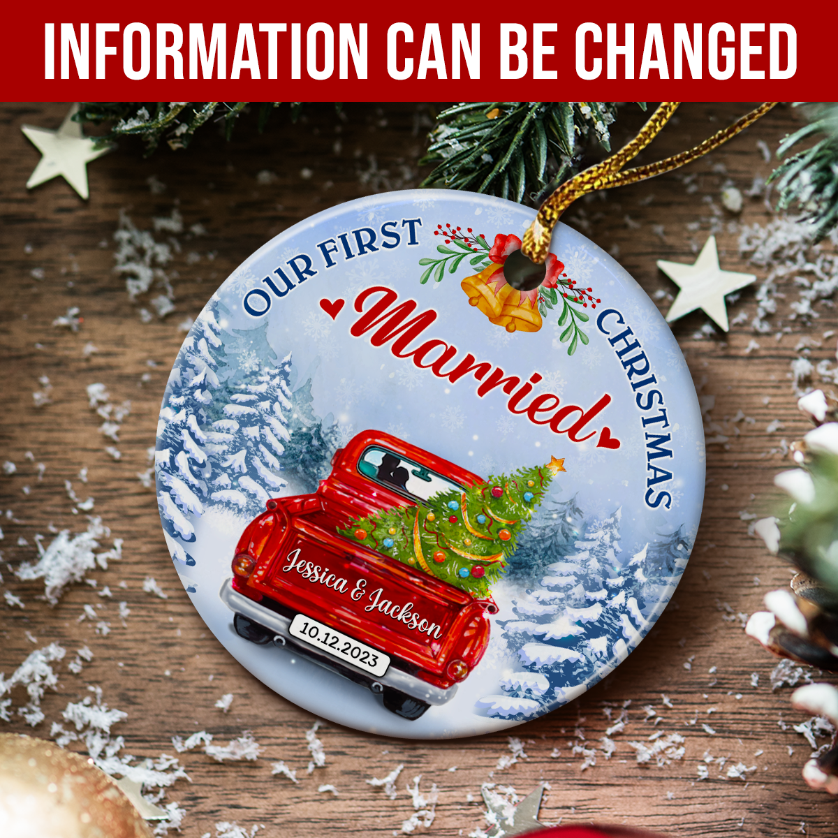 Personalized First Christmas Married Ornament 2024 - Wedding Keepsake Gifts for Couples Newlywed Mr Mrs Hanging Ceramic Round Ornaments Xmas Tree Decor