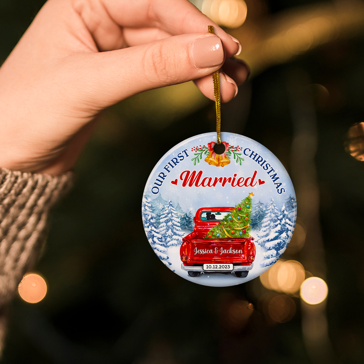 Personalized First Christmas Married Ornament 2024 - Wedding Keepsake Gifts for Couples Newlywed Mr Mrs Hanging Ceramic Round Ornaments Xmas Tree Decor