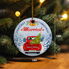 Personalized First Christmas Married Ornament 2024 - Wedding Keepsake Gifts for Couples Newlywed Mr Mrs Hanging Ceramic Round Ornaments Xmas Tree Decor