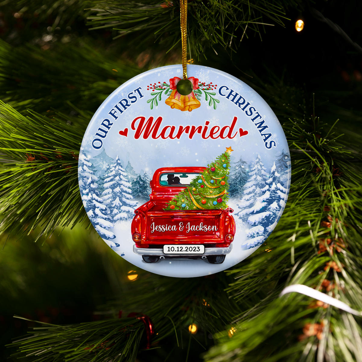 Personalized First Christmas Married Ornament 2024 - Wedding Keepsake Gifts for Couples Newlywed Mr Mrs Hanging Ceramic Round Ornaments Xmas Tree Decor