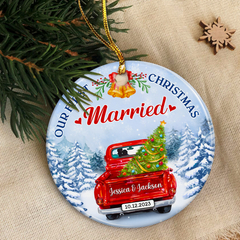 Personalized First Christmas Married Ornament 2024 - Wedding Keepsake Gifts for Couples Newlywed Mr Mrs Hanging Ceramic Round Ornaments Xmas Tree Decor