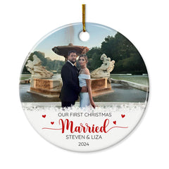 Personalized First Christmas Married Ornament Couple Christmas Ceramic Ornaments with Photo Picture Wedding Marriage Custom Name Keepsake Gift for Couples Newlywed Xmas Tree Decor