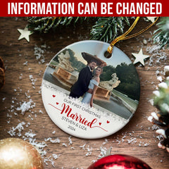 Personalized First Christmas Married Ornament Couple Christmas Ceramic Ornaments with Photo Picture Wedding Marriage Custom Name Keepsake Gift for Couples Newlywed Xmas Tree Decor