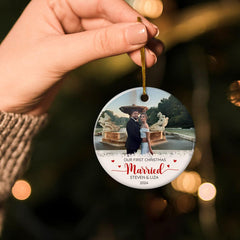 Personalized First Christmas Married Ornament Couple Christmas Ceramic Ornaments with Photo Picture Wedding Marriage Custom Name Keepsake Gift for Couples Newlywed Xmas Tree Decor