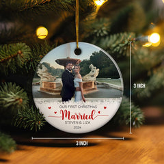 Personalized First Christmas Married Ornament Couple Christmas Ceramic Ornaments with Photo Picture Wedding Marriage Custom Name Keepsake Gift for Couples Newlywed Xmas Tree Decor