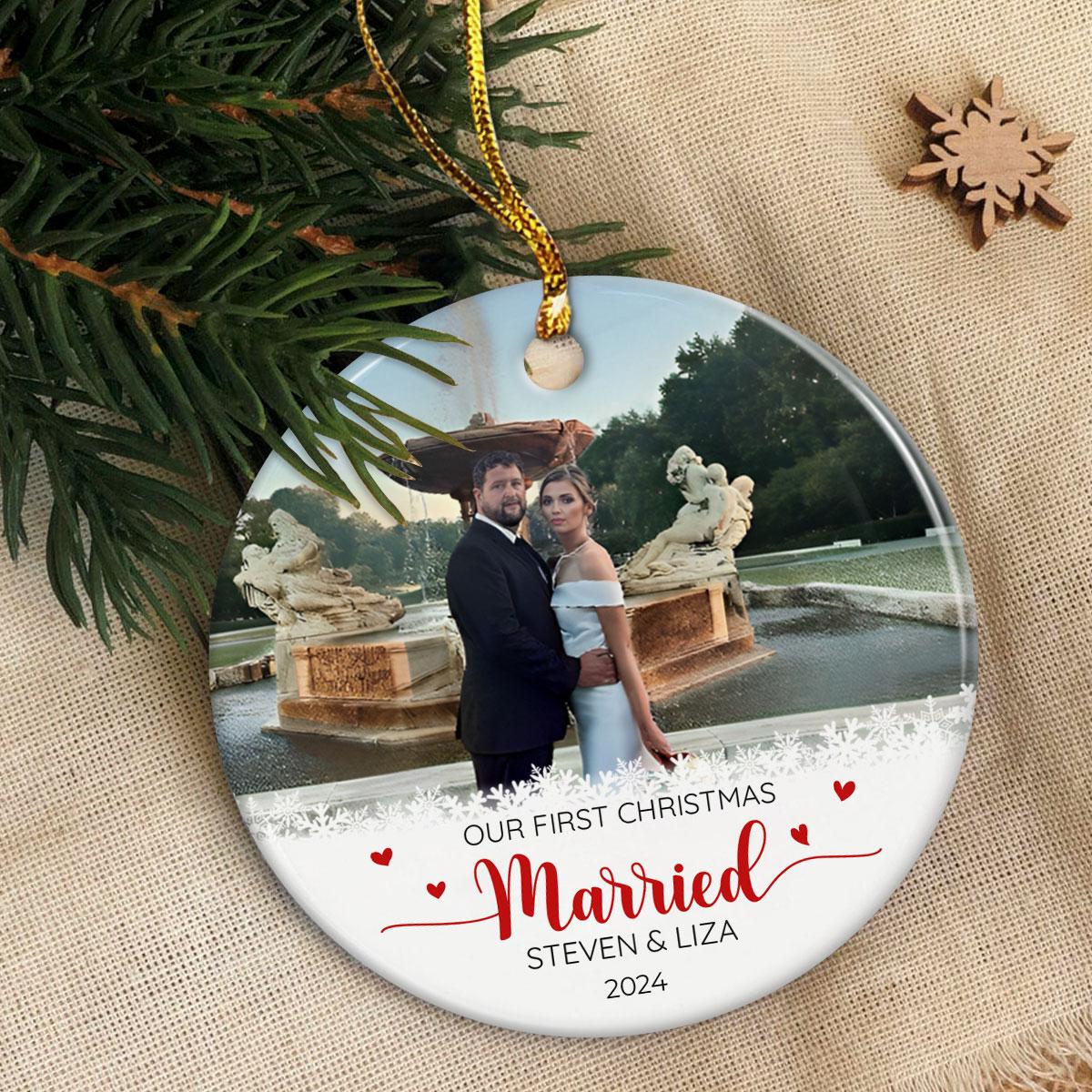 Personalized First Christmas Married Ornament Couple Christmas Ceramic Ornaments with Photo Picture Wedding Marriage Custom Name Keepsake Gift for Couples Newlywed Xmas Tree Decor