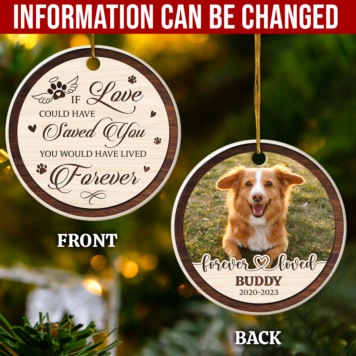 Personalized Pet Memorial Ornaments - If Love Could Have Saved You Christmas Double Sided Ceramic Ornament with Photo Picture - Sympathy Remembrance Keepsake Gifts for Loss of Dogs Cats Pets