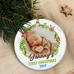 Personalized Baby's First Christmas Ornament 2023 - Babys 1st Christmas Ceramic Ornaments with Baby Photo Picture - Babies Keepsake Gifts Xmas Tree Decorations