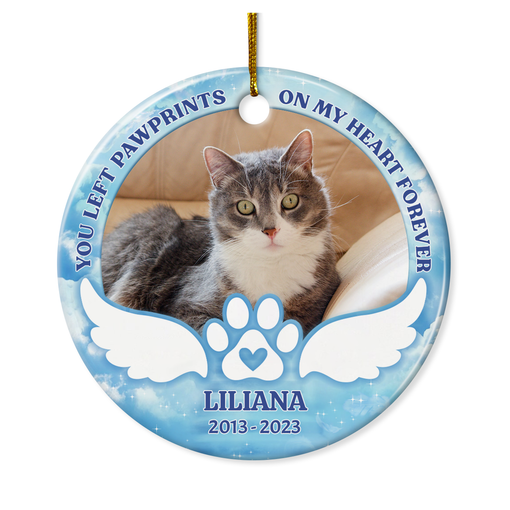 Personalized Pet Memorial Ornament - You Left Paw Prints On My Heart Christmas Ceramic Ornaments with Photo Picture - Sympathy Remembrance Keepsake Gift for Loss of Cat Dog Pets