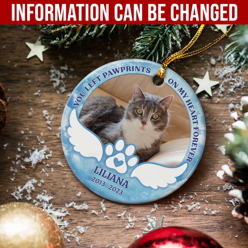 Personalized Pet Memorial Ornament - You Left Paw Prints On My Heart Christmas Ceramic Ornaments with Photo Picture - Sympathy Remembrance Keepsake Gift for Loss of Cat Dog Pets