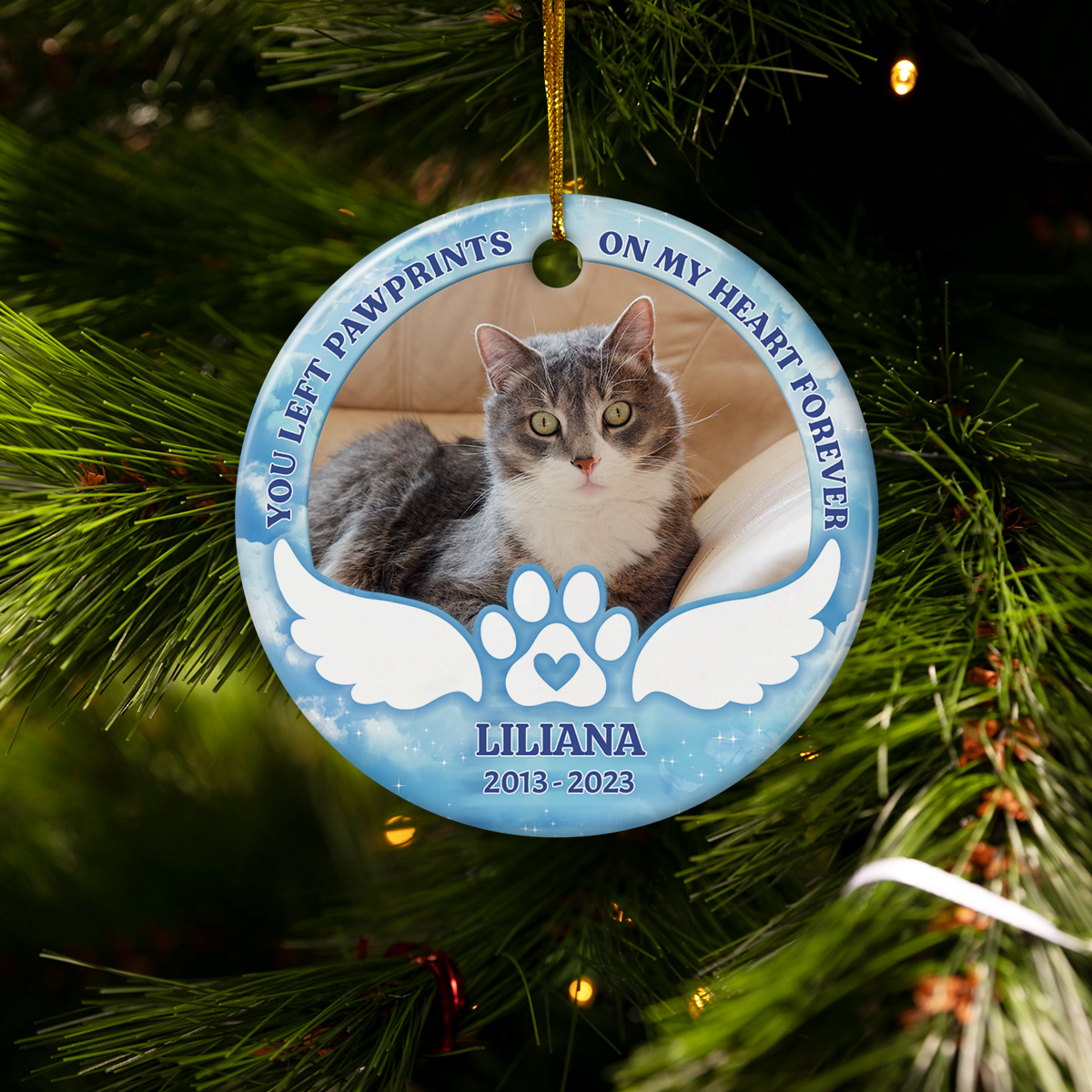 Personalized Pet Memorial Ornament - You Left Paw Prints On My Heart Christmas Ceramic Ornaments with Photo Picture - Sympathy Remembrance Keepsake Gift for Loss of Cat Dog Pets