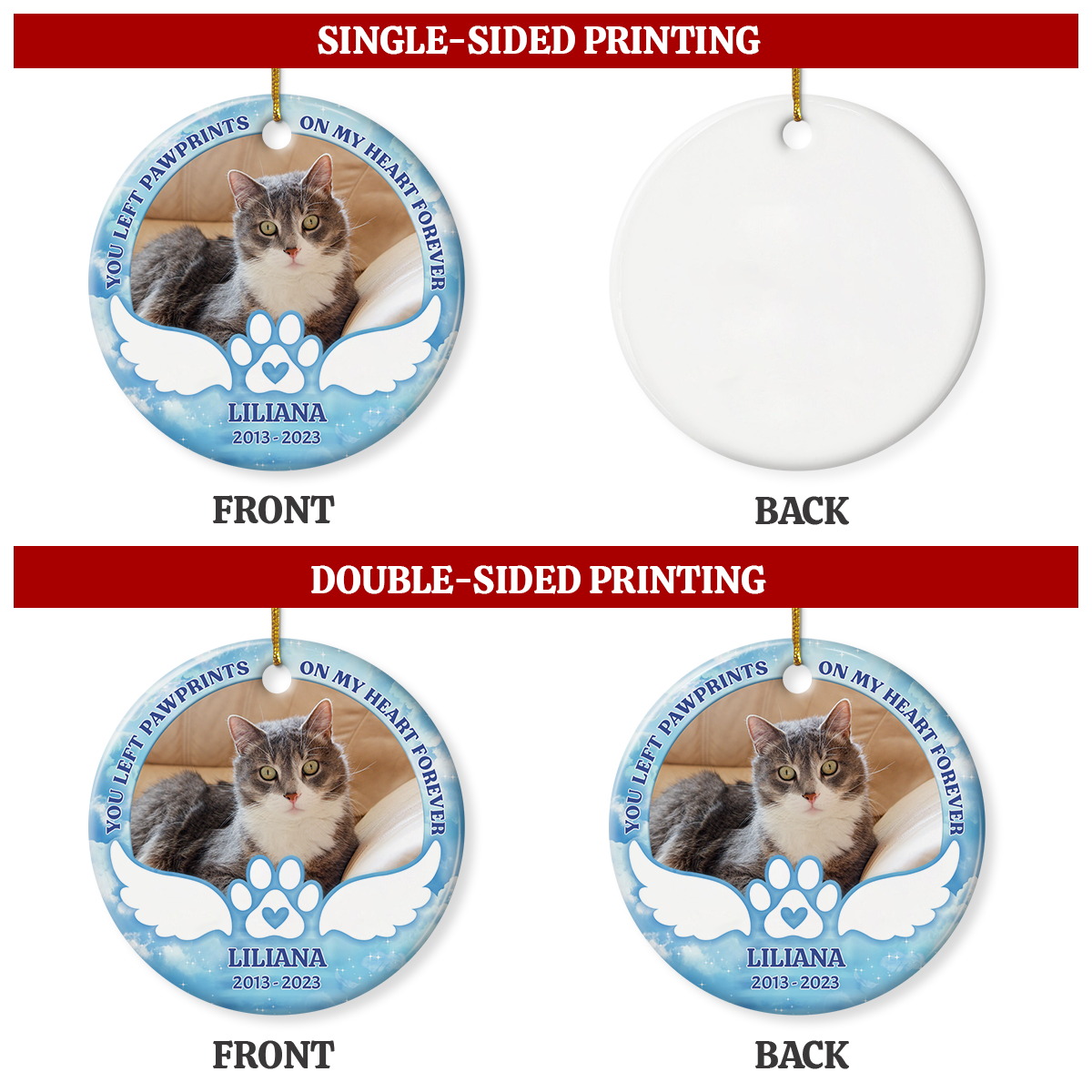 Personalized Pet Memorial Ornament - You Left Paw Prints On My Heart Christmas Ceramic Ornaments with Photo Picture - Sympathy Remembrance Keepsake Gift for Loss of Cat Dog Pets