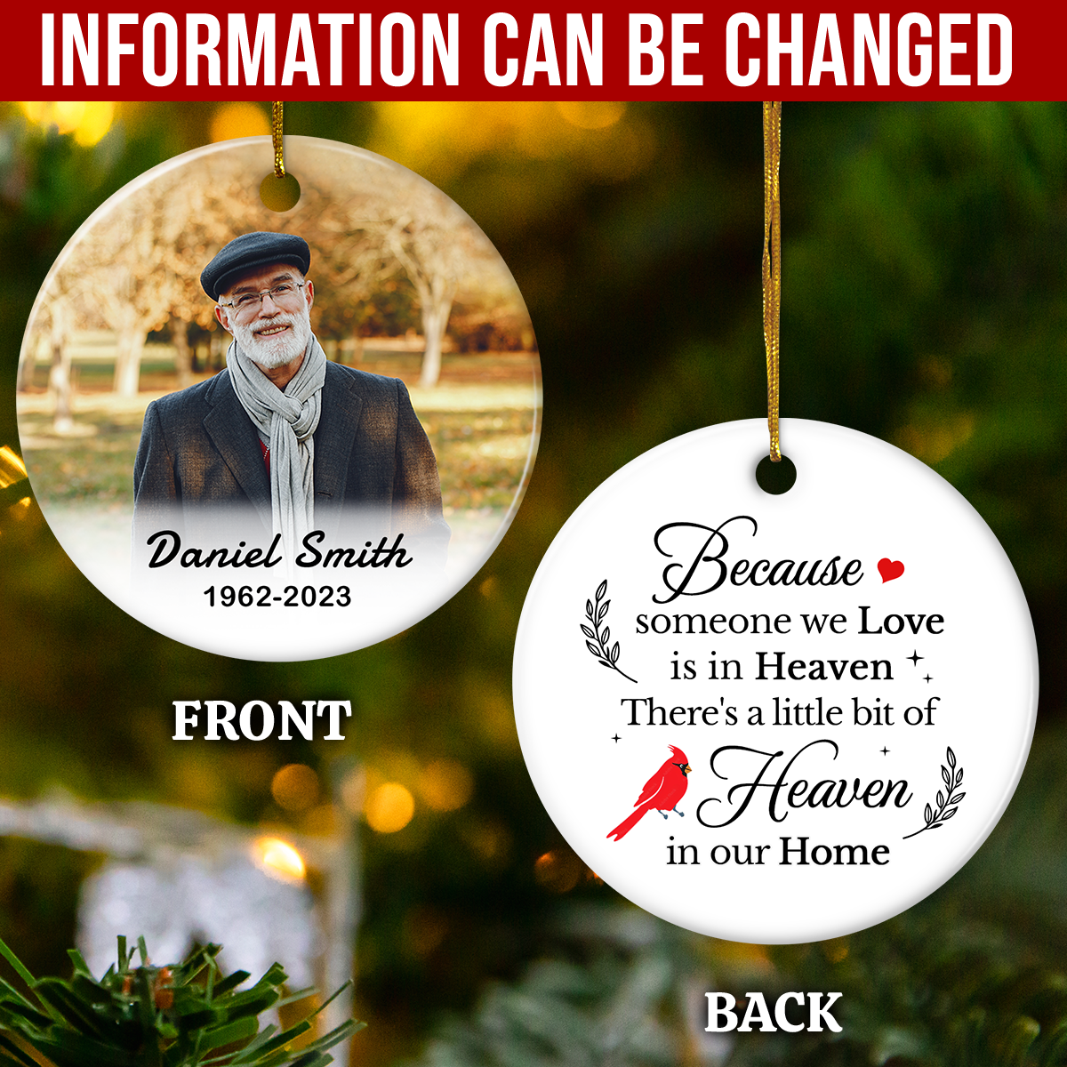 Personalized Memorial Ornaments Because Someone We Love is in Heaven Double Sided Ceramic Christmas Ornament Custom Photo Picture Sympathy Remembrance Keepsake Loss Loved Ones Gifts
