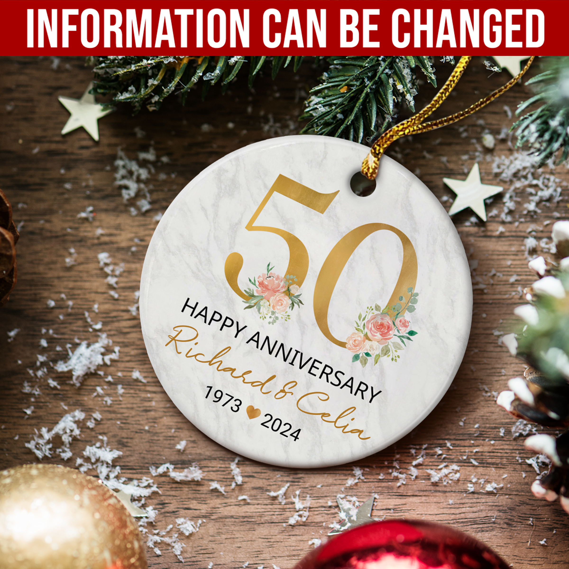 Personalized 50th Wedding Anniversary Ornament - 50th Anniversary Ceramic Christmas Ornaments - Wedding Anniversary Keepsakes Gifts Ideas for Couple Parents Xmas Tree Decorations