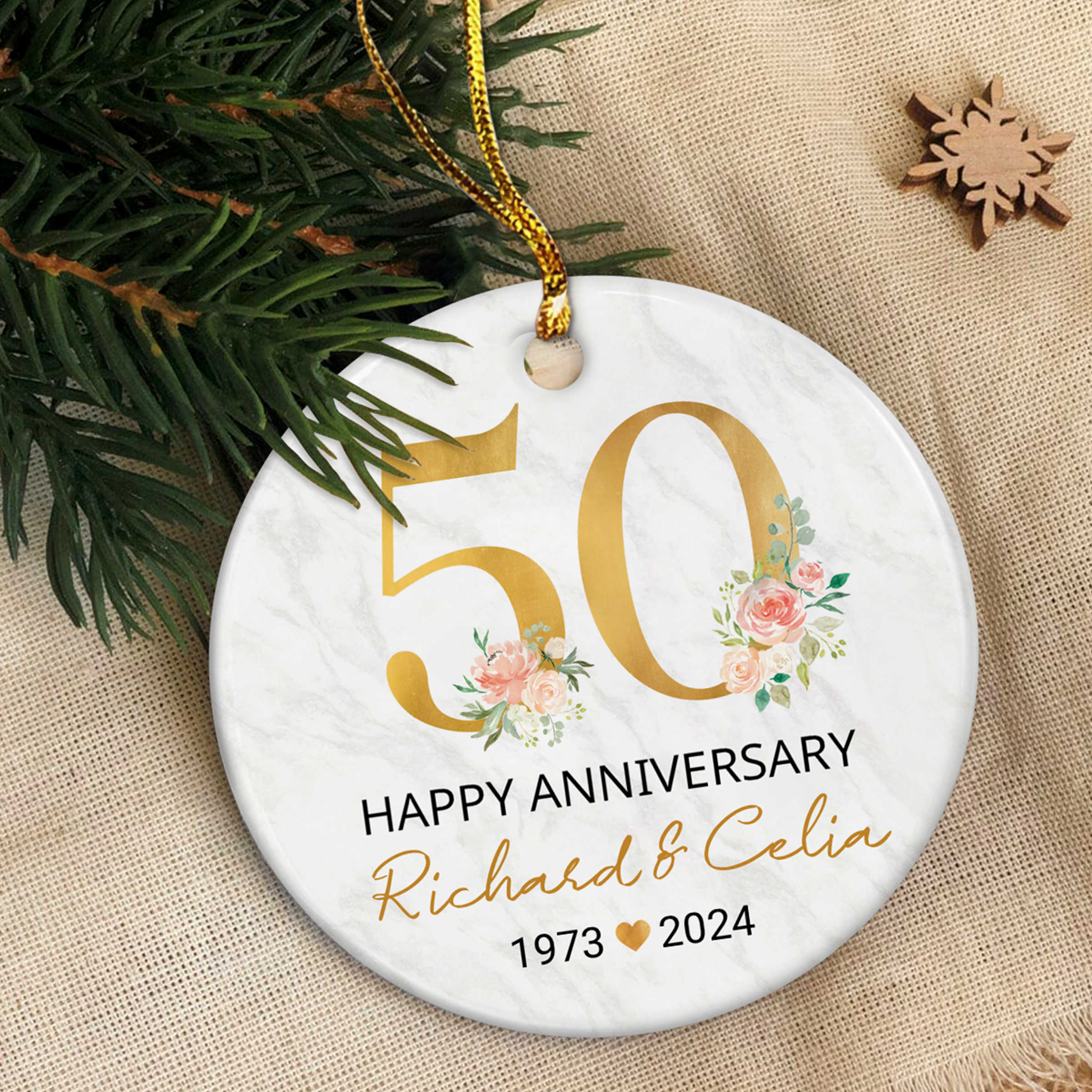Personalized 50th Wedding Anniversary Ornament - 50th Anniversary Ceramic Christmas Ornaments - Wedding Anniversary Keepsakes Gifts Ideas for Couple Parents Xmas Tree Decorations