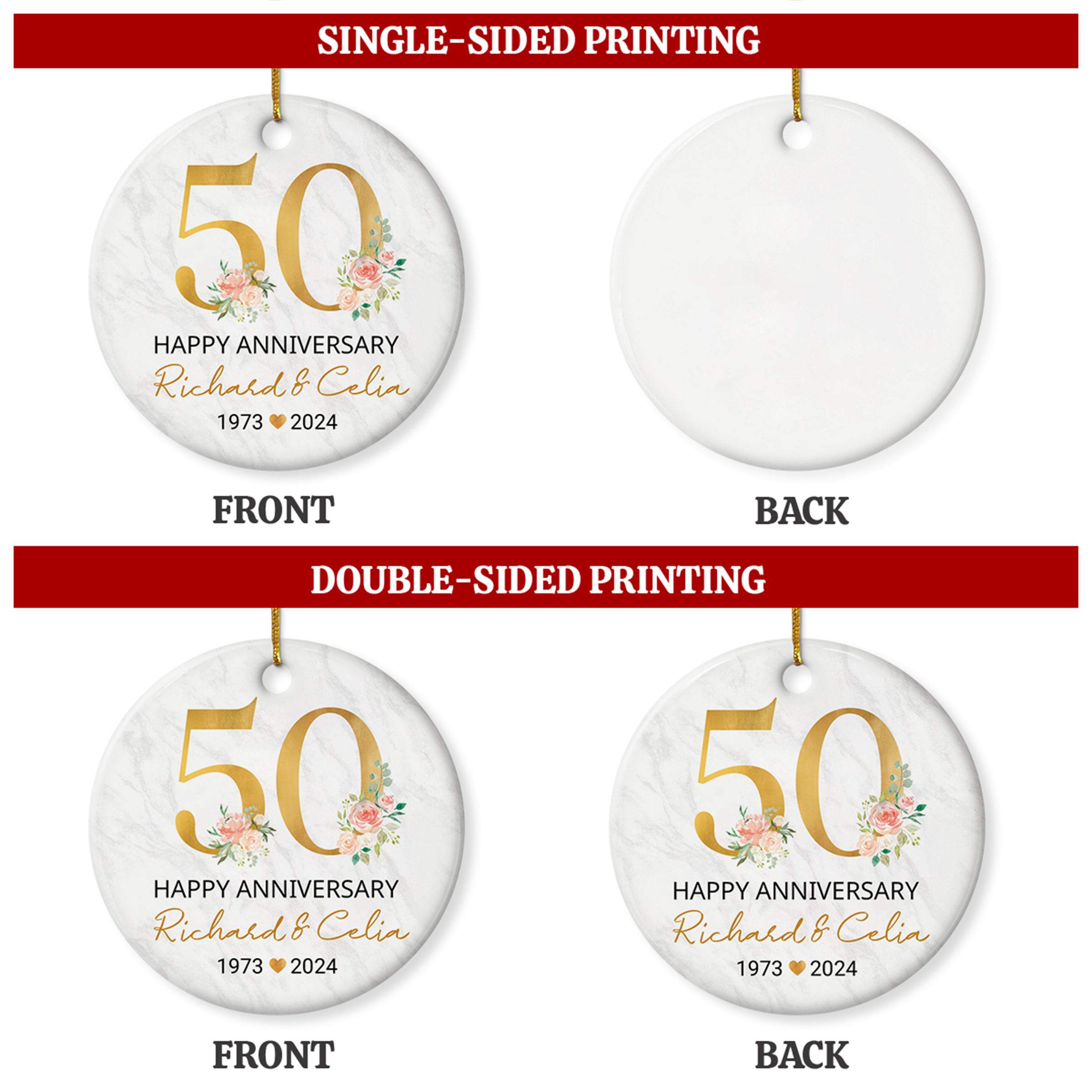 Personalized 50th Wedding Anniversary Ornament - 50th Anniversary Ceramic Christmas Ornaments - Wedding Anniversary Keepsakes Gifts Ideas for Couple Parents Xmas Tree Decorations