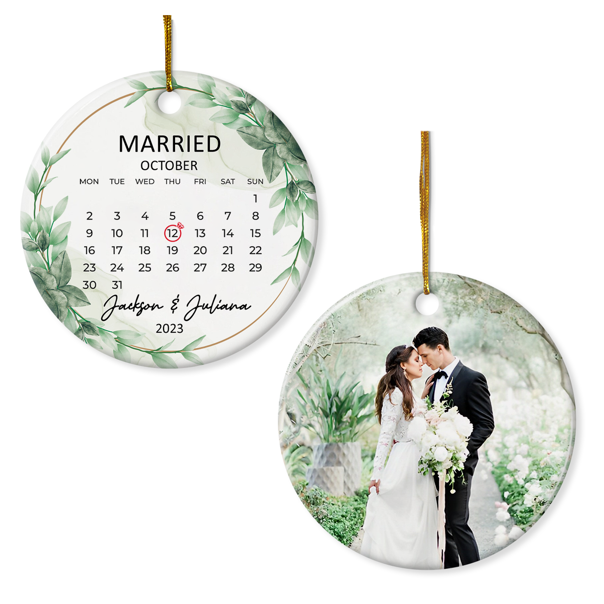 Personalized First Christmas Married Ornament Couple Christmas Double Sided Ceramic Ornaments with Photo Picture Wedding Marriage Custom Gift for Couple Newlywed Xmas Tree Decorations