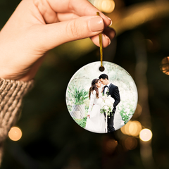 Personalized First Christmas Married Ornament Couple Christmas Double Sided Ceramic Ornaments with Photo Picture Wedding Marriage Custom Gift for Couple Newlywed Xmas Tree Decorations