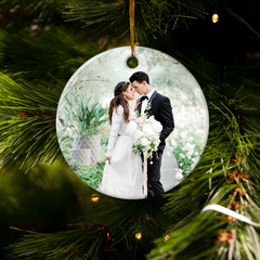 Personalized First Christmas Married Ornament Couple Christmas Double Sided Ceramic Ornaments with Photo Picture Wedding Marriage Custom Gift for Couple Newlywed Xmas Tree Decorations
